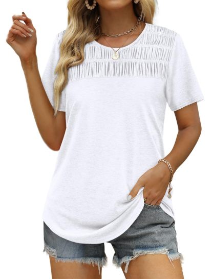 Women's Summer Tops 2025 Trendy Short Sleeve Shirts Smocked Crewneck Tee