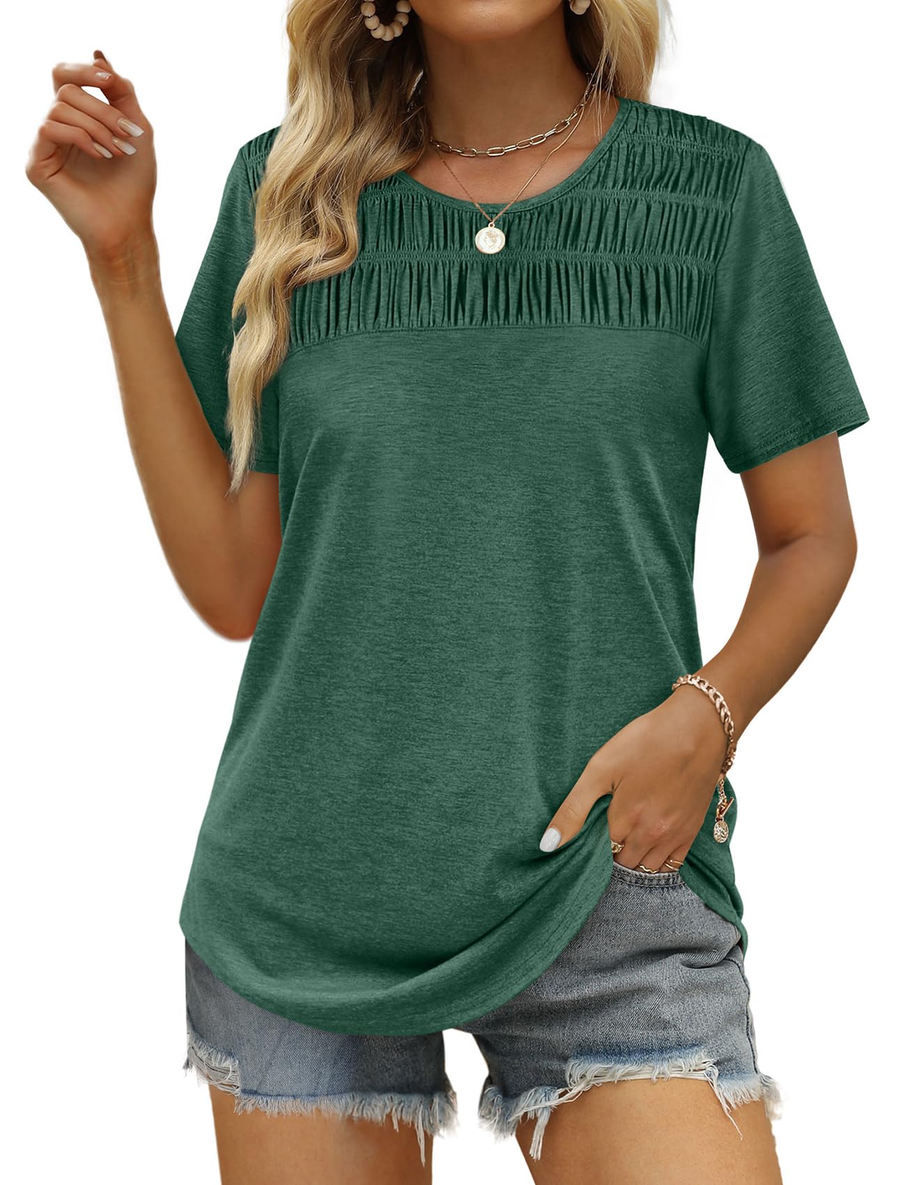 Women's Summer Tops 2025 Trendy Short Sleeve Shirts Smocked Crewneck Tee