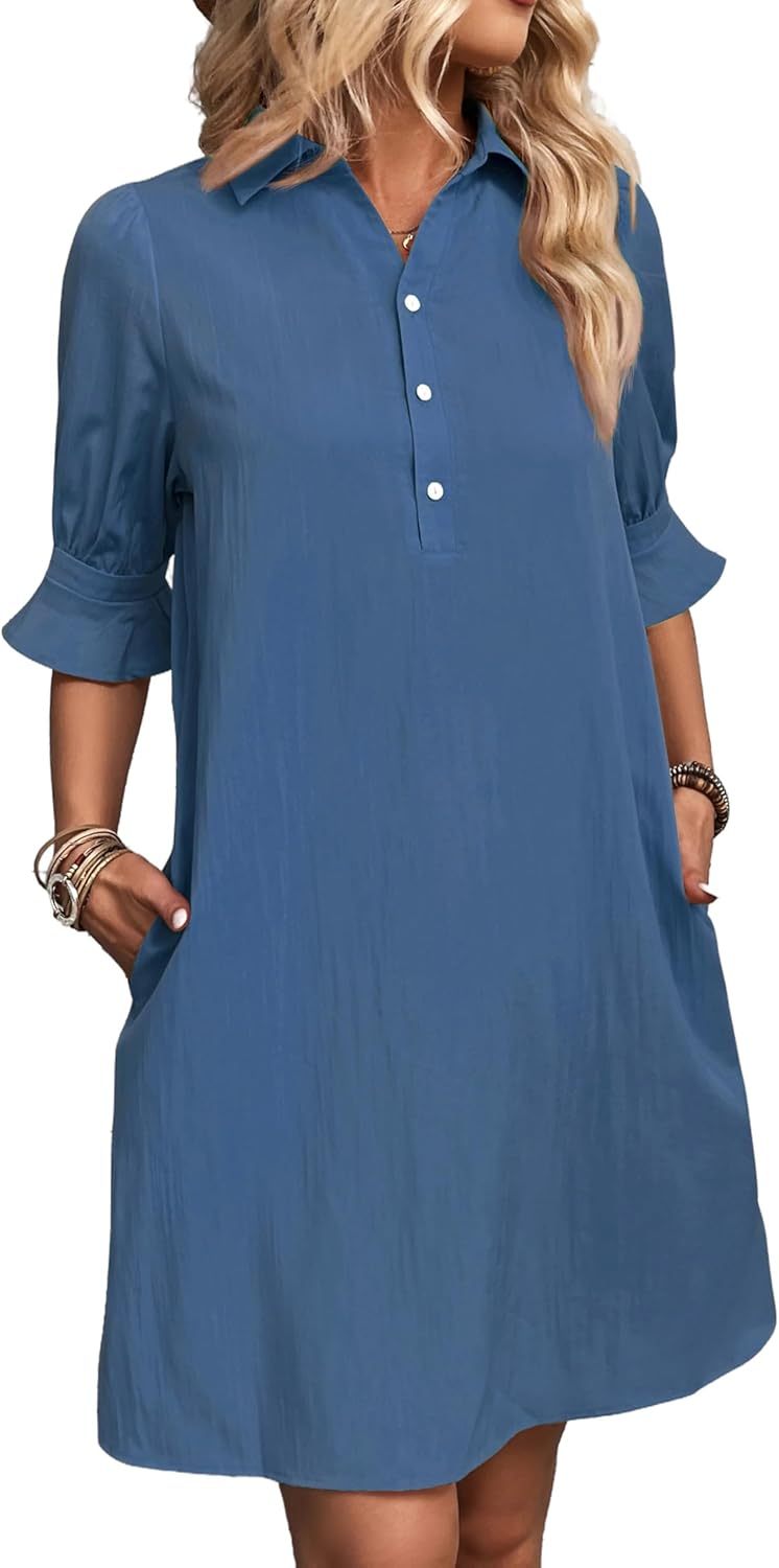 Womens Casual Shirt Dress Ruffle Sleeve Solid Color Button Down
