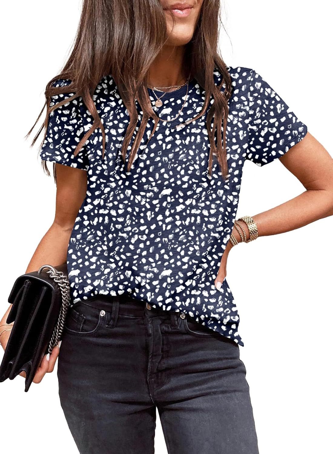 Womens Casual Polka Dot Tops Crewneck Short Sleeve T Shirts