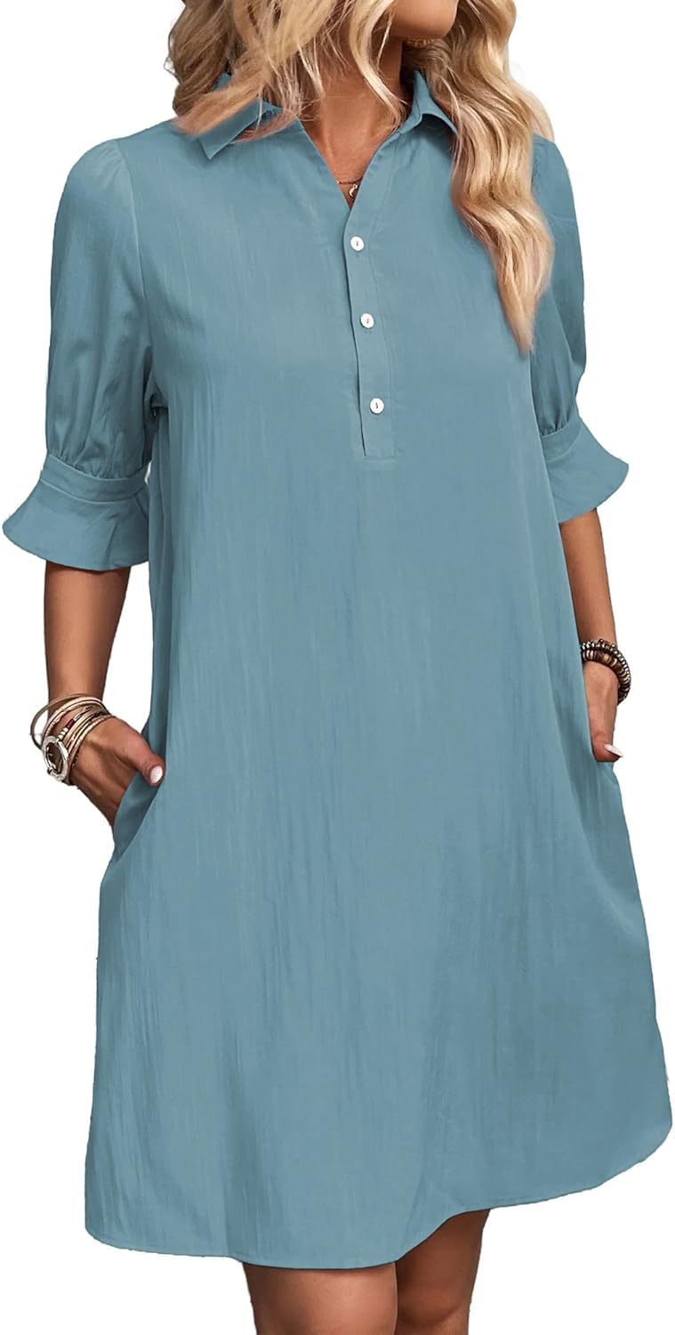 Womens Casual Shirt Dress Ruffle Sleeve Solid Color Button Down