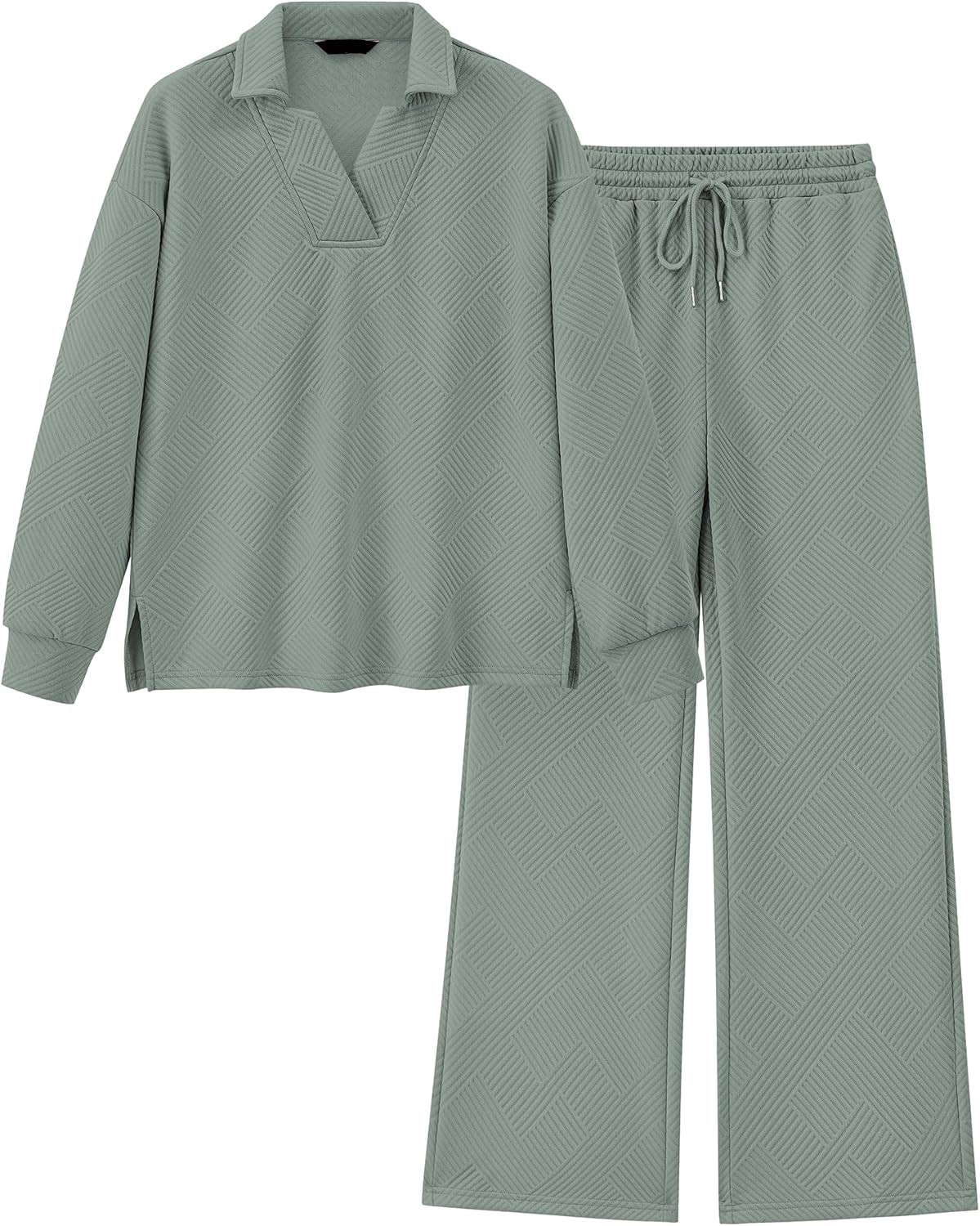 Women 2 Piece Outfit Lapel V Neck Lounge Sets Pockets