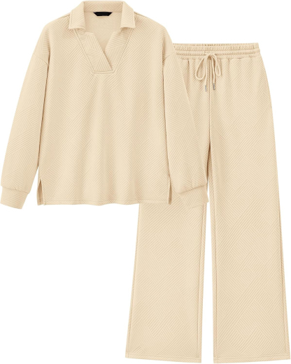 Women 2 Piece Outfit Lapel V Neck Lounge Sets Pockets