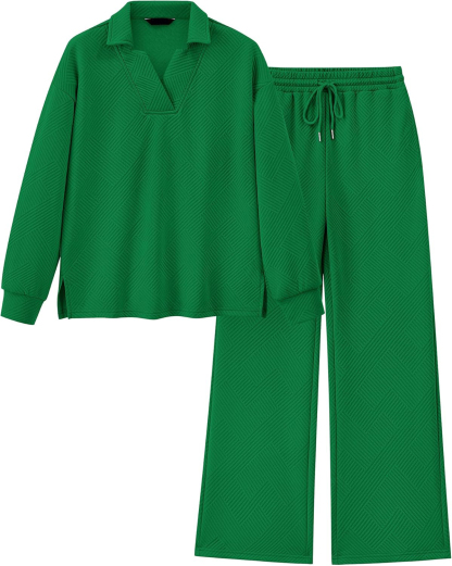 Women 2 Piece Outfit Lapel V Neck Lounge Sets Pockets