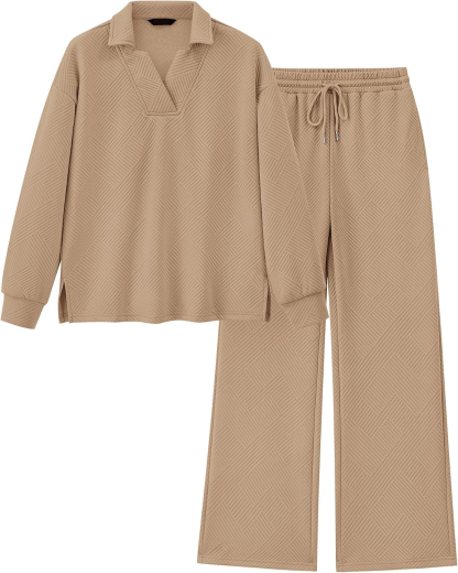 Women 2 Piece Outfit Lapel V Neck Lounge Sets Pockets