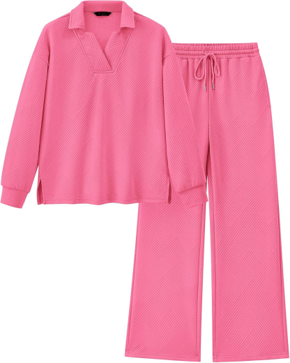 Women 2 Piece Outfit Lapel V Neck Lounge Sets Pockets