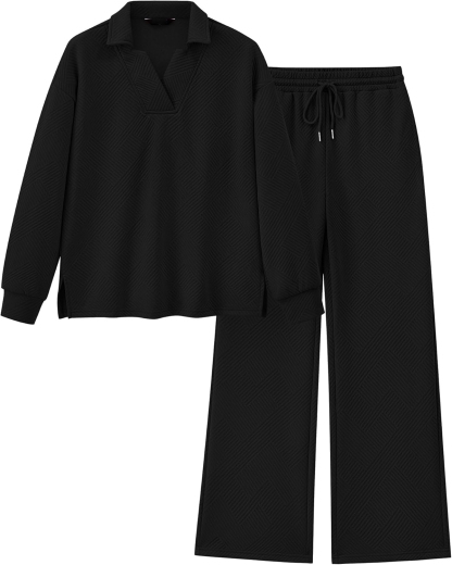 Women 2 Piece Outfit Lapel V Neck Lounge Sets Pockets
