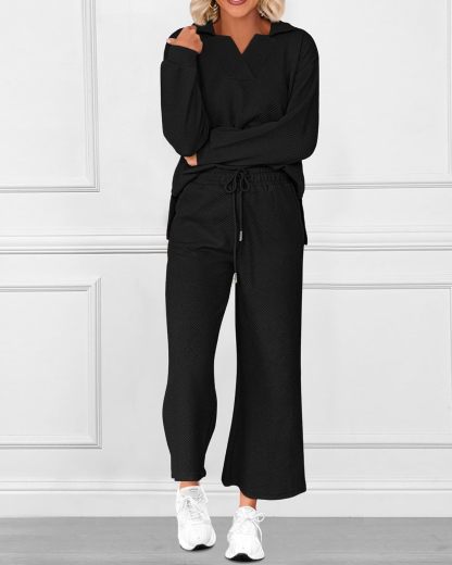 Women 2 Piece Outfit Lapel V Neck Lounge Sets Pockets
