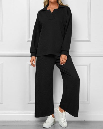 Women 2 Piece Outfit Lapel V Neck Lounge Sets Pockets