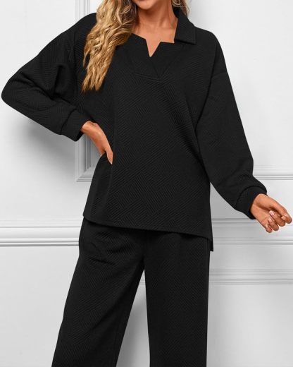Women 2 Piece Outfit Lapel V Neck Lounge Sets Pockets