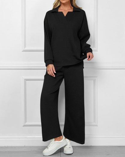 Women 2 Piece Outfit Lapel V Neck Lounge Sets Pockets