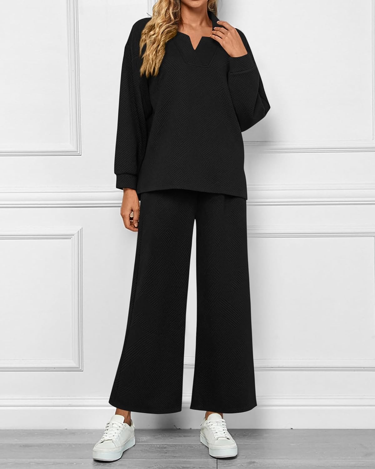 Women 2 Piece Outfit Lapel V Neck Lounge Sets Pockets