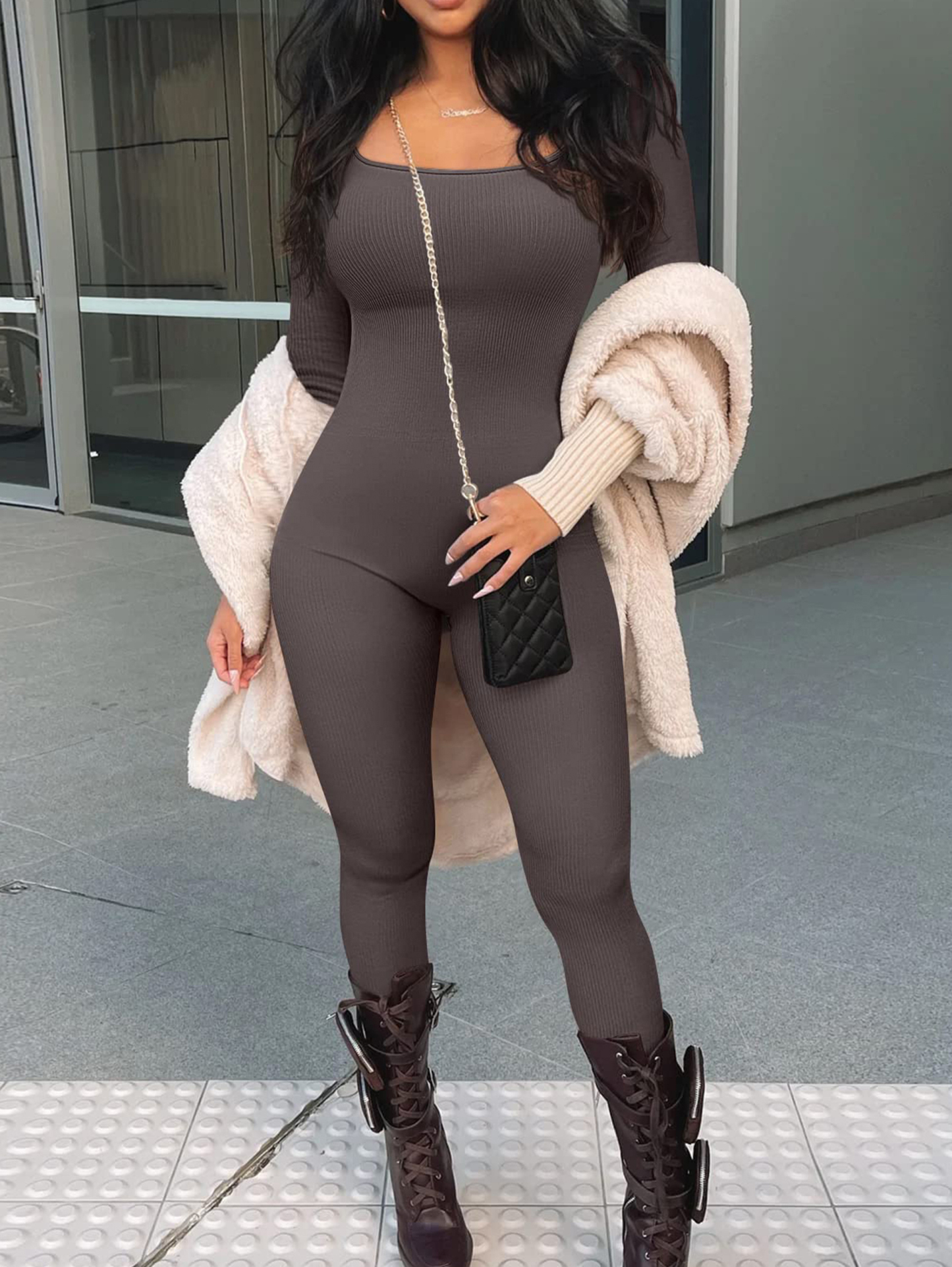 Women Yoga Jumpsuits Workout Ribbed Long Sleeve Sport Jumpsuits