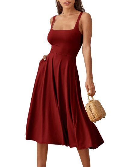 Summer Casual Square Neck Midi Dress Pockets
