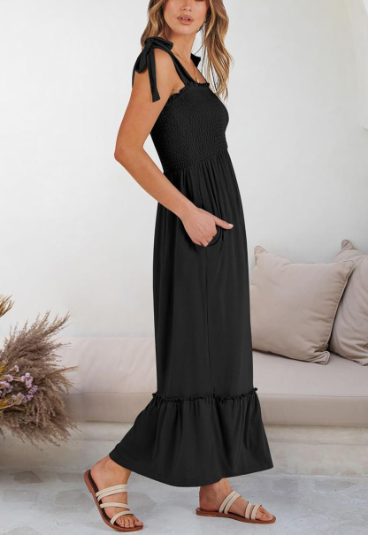 Women Summer Casual Strap Smocked Maxi Flowy Tiered A Line Dress (BUY 2 FREE SHIPPING)
