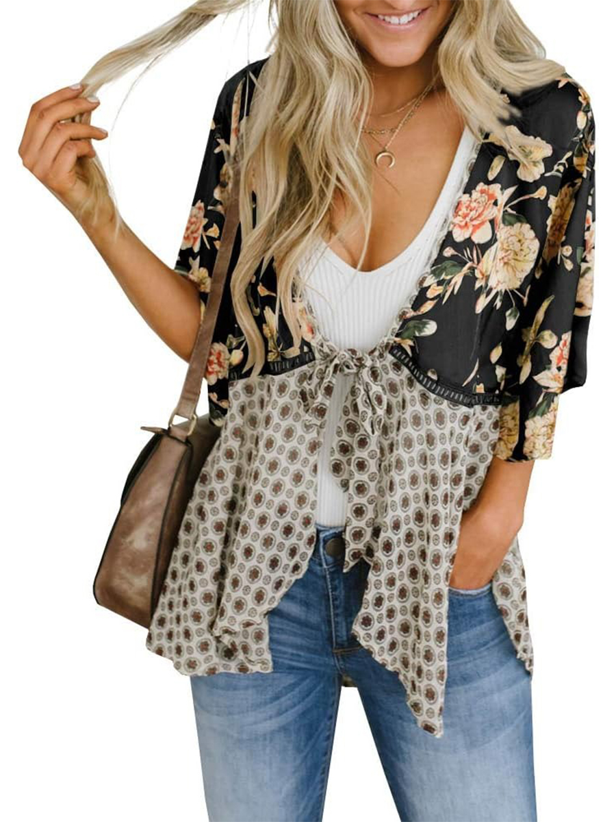 Women's Floral Kimono 3/4 Ruffle Sleeve Tie Cardigans Flowy Boho Loose Cover Ups