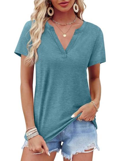 Womens Short Sleeve V Neck Casual Loose Fit T-shirts