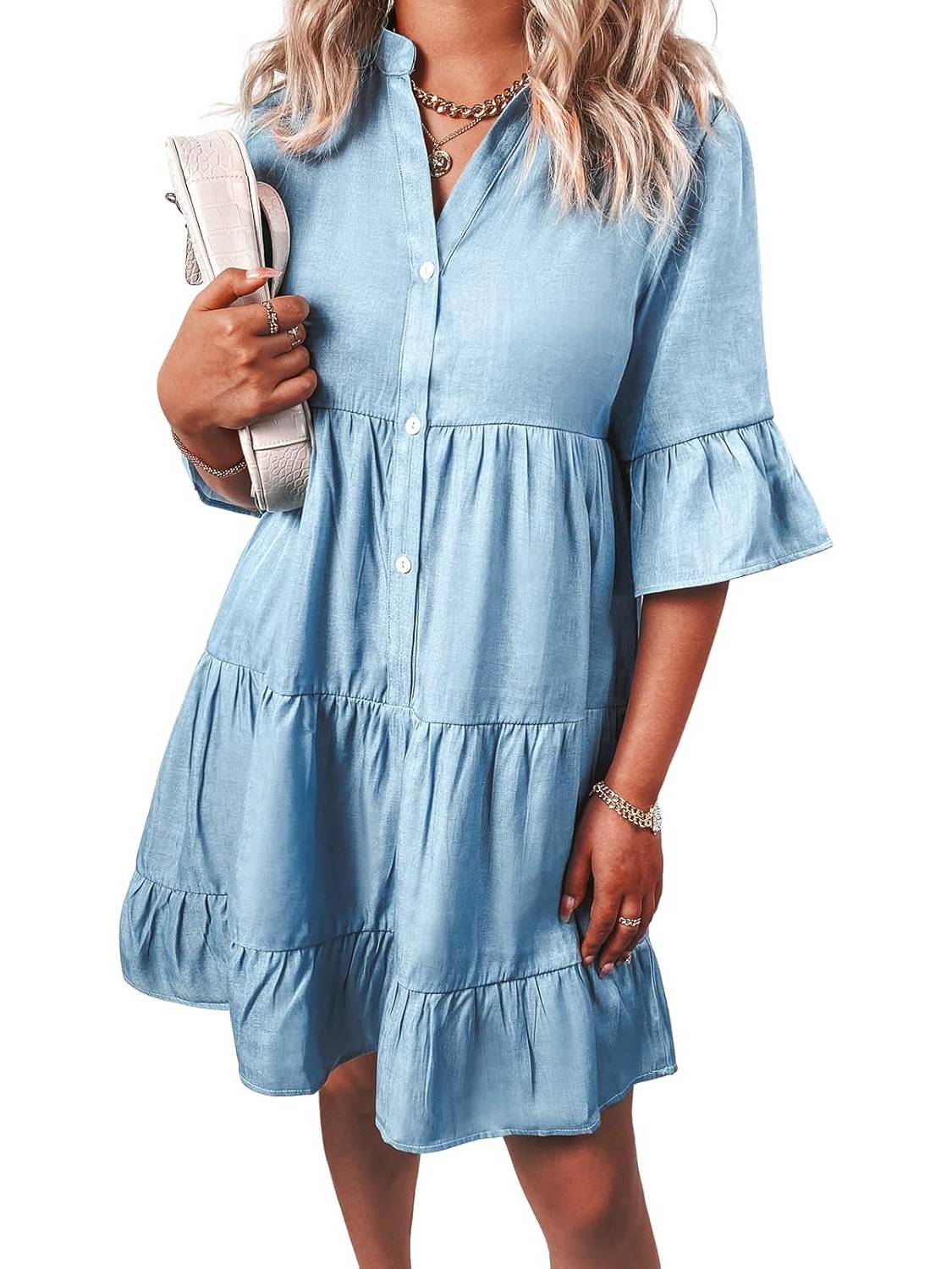 Women Casual V Neck Ruffle Short Sleeve Denim Dress