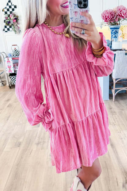 Strawberry Pink Flounce Sleeve Tiered Ruffled Velvet Mini Dress (Final Days: Big Savings!!!)