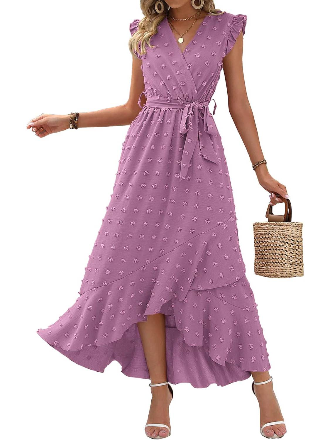 Women V Neck Cap Sleeve Swiss Dot Boho Flowy Ruffle Slit Maxi Dresses