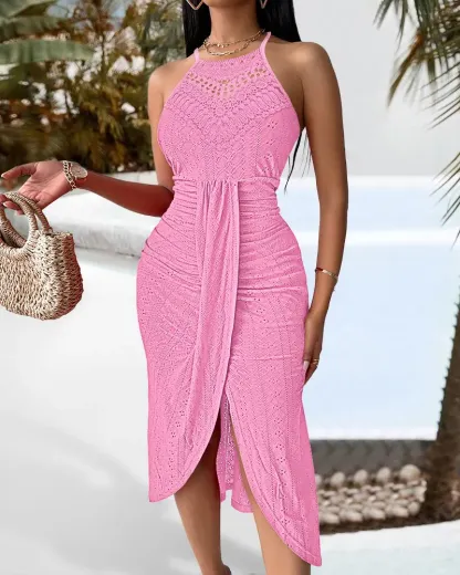 Halter Hollow-out A Line Sleeveless Front Slit Ruched Vacation Maxi Dress