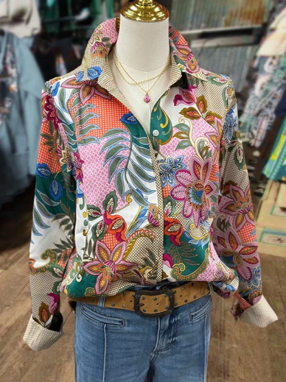 Multi Floral Print Collared Long Sleeve Blouse