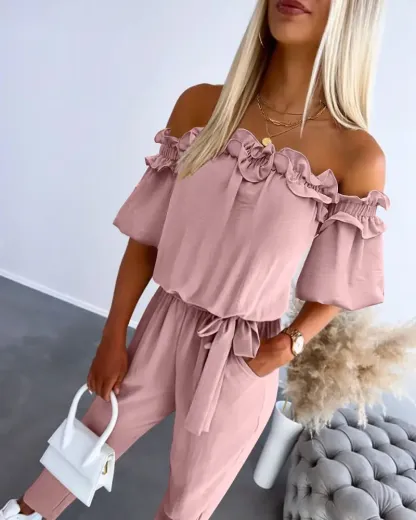 Womens Off Shoulder Frill Hem Tied Detail Jumpsuit