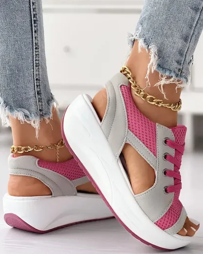 CONTRAST PANELED CUTOUT LACE-UP MUFFIN SANDALS