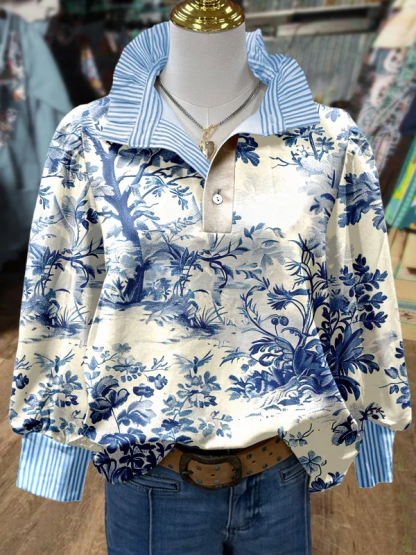 Vintage Floral Print Striped Collar Top