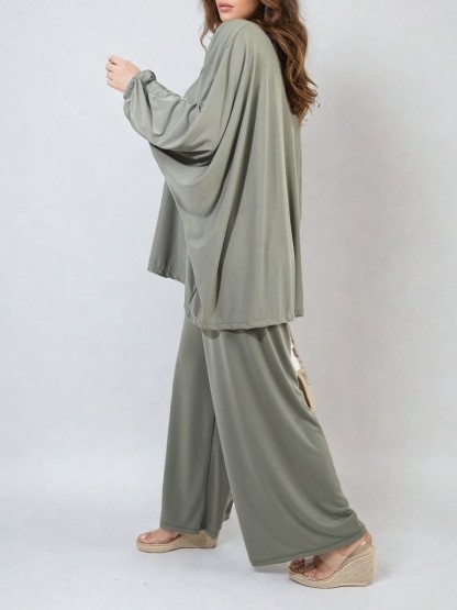 HOT SALE Casual Oversized Long Sleeve Top and Wide Leg Pants Set (Buy 2 Free Shipping)