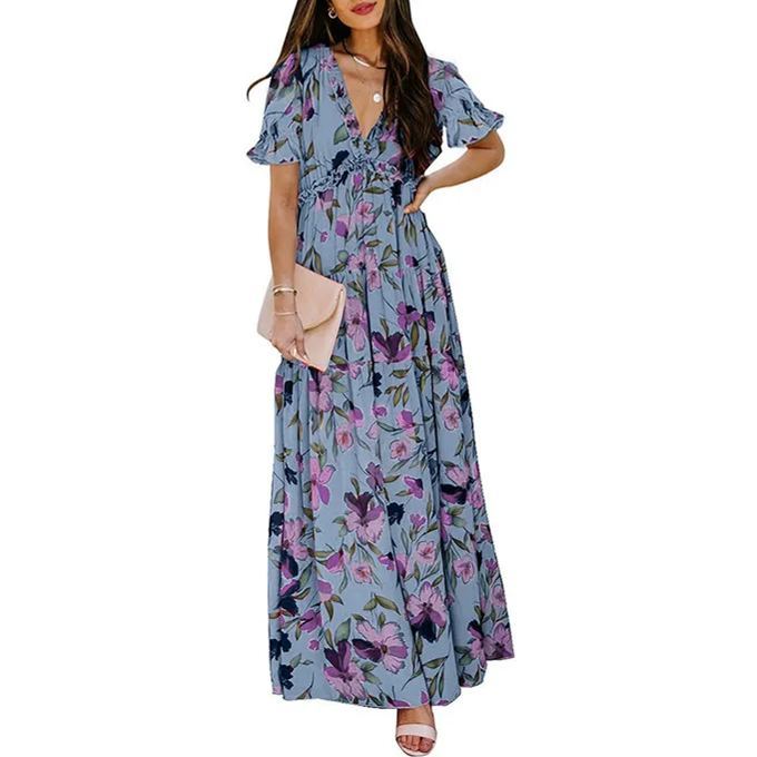 Womens Casual Floral Deep V Neck Dress-hivebabe.com