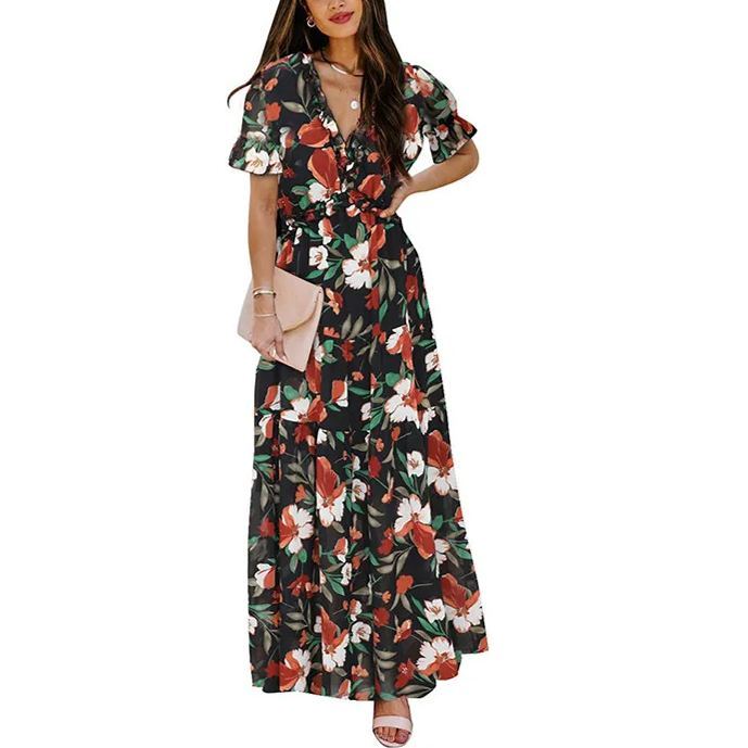 Womens Casual Floral Deep V Neck Dress-hivebabe.com