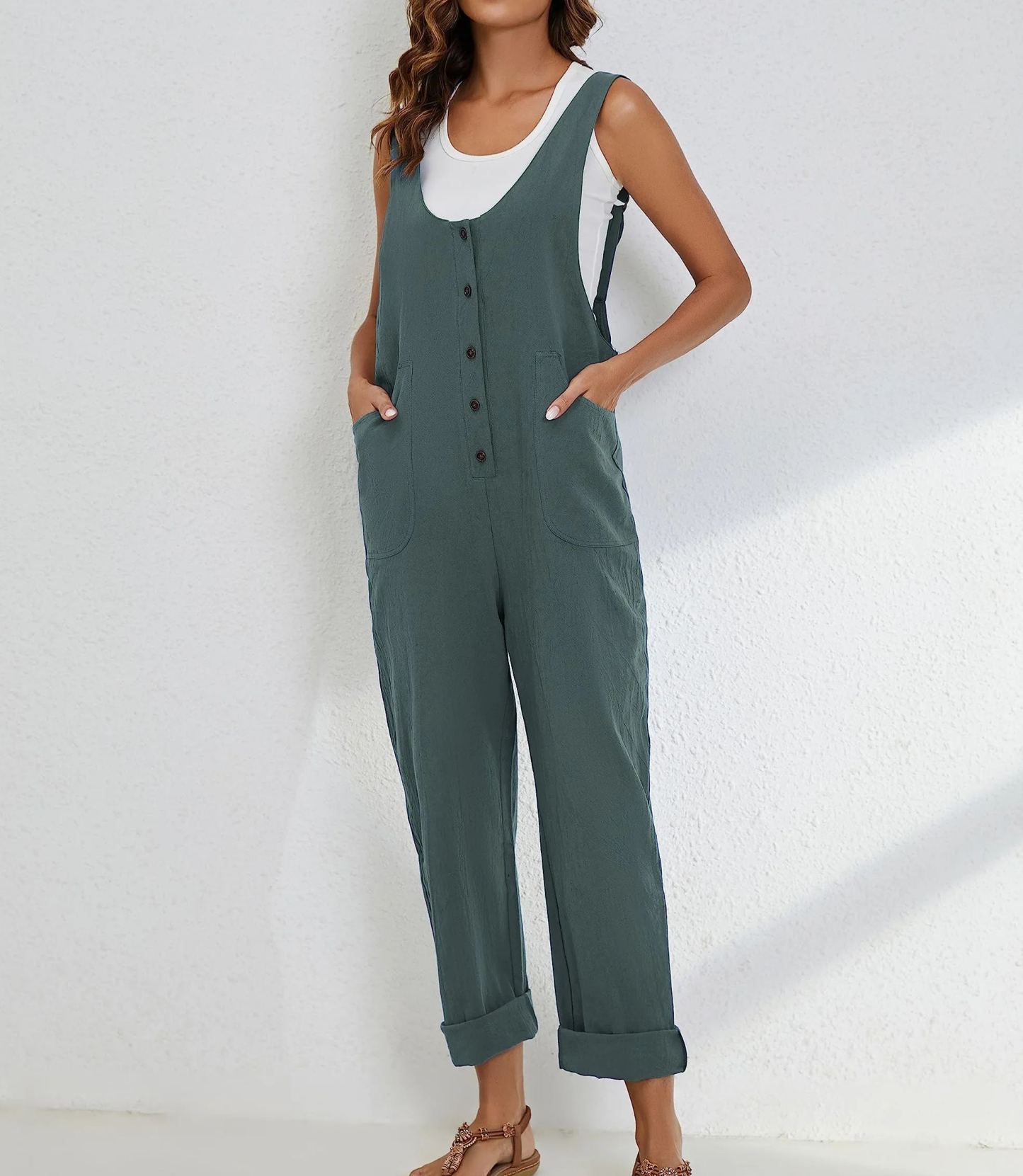 🔥HOT SALE🔥Women Cotton Linen Overall Adjustable Straps Button Jumpsuit-hivebabe.com