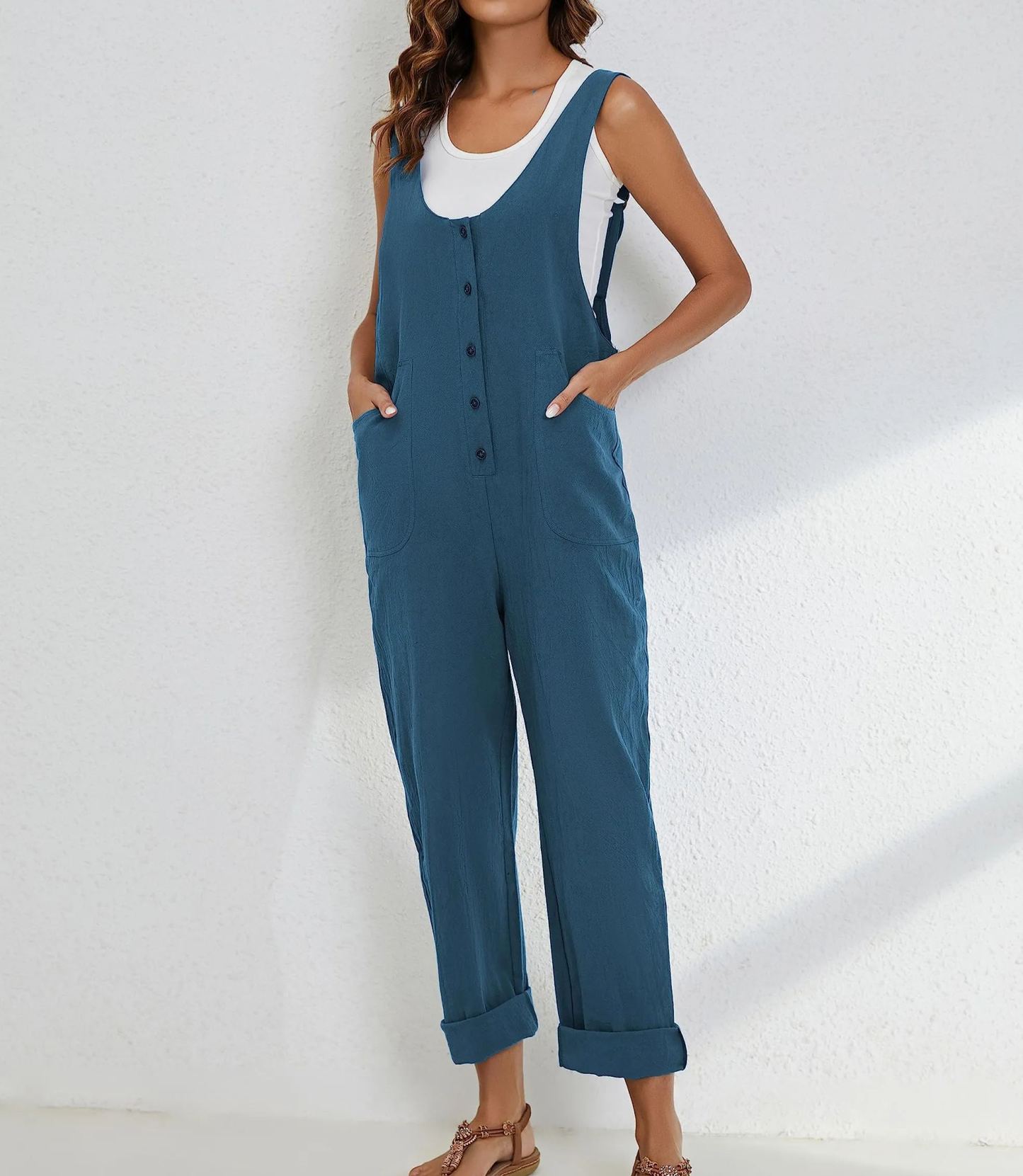 🔥HOT SALE🔥Women Cotton Linen Overall Adjustable Straps Button Jumpsuit-hivebabe.com