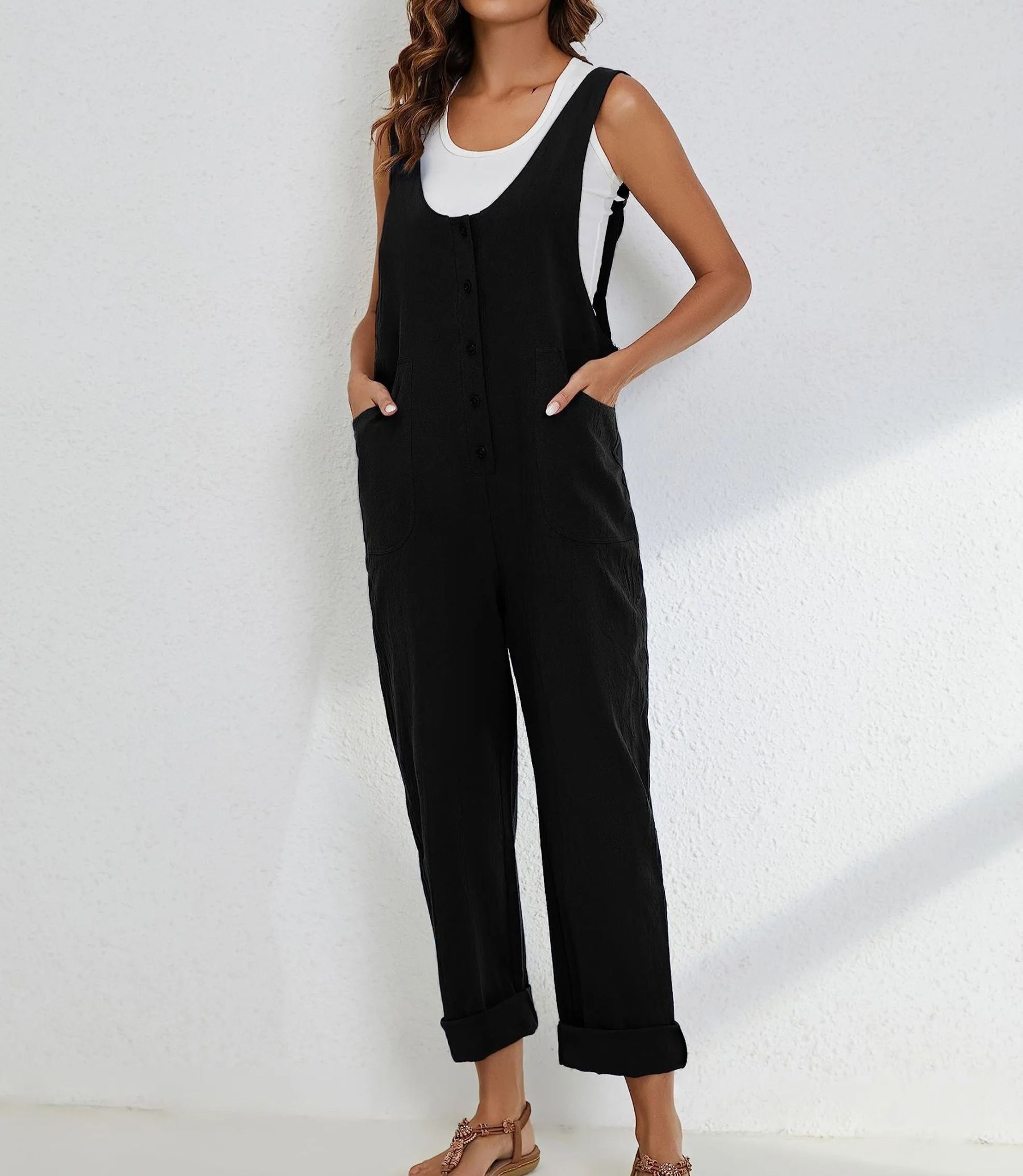 🔥HOT SALE🔥Women Cotton Linen Overall Adjustable Straps Button Jumpsuit-hivebabe.com