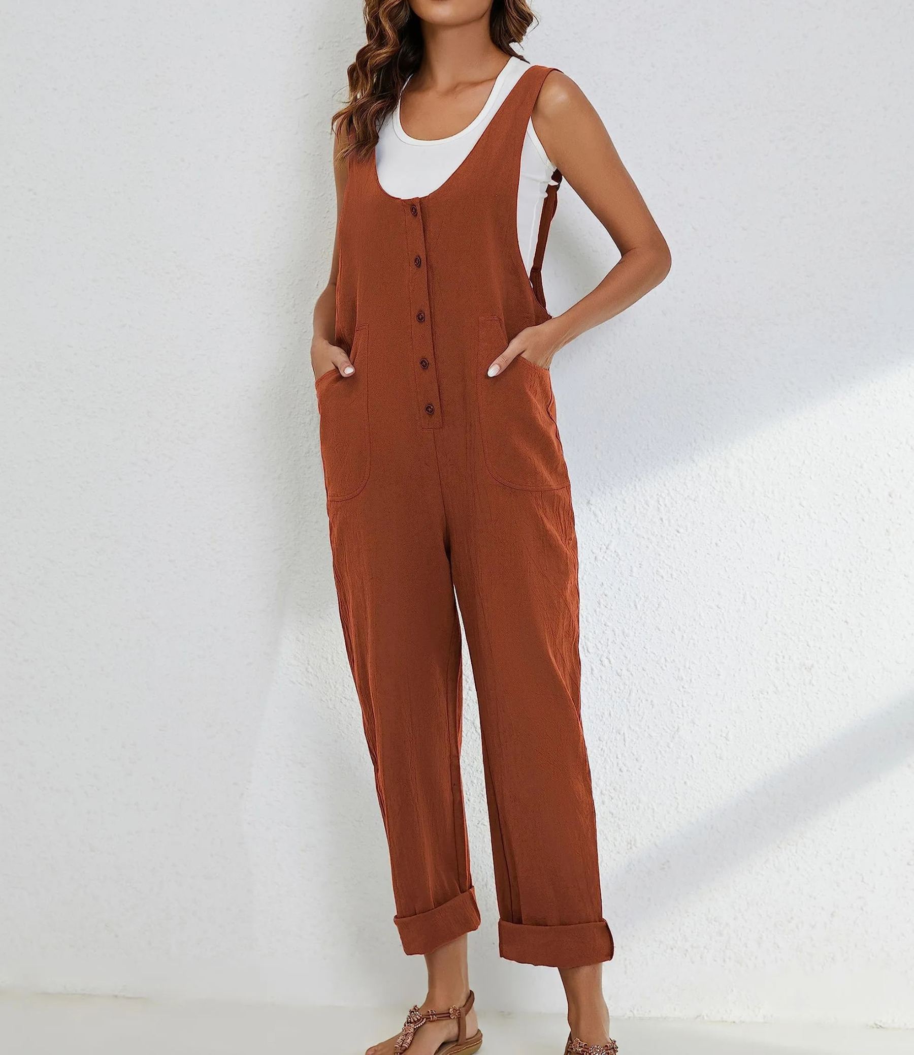 🔥HOT SALE🔥Women Cotton Linen Overall Adjustable Straps Button Jumpsuit-hivebabe.com