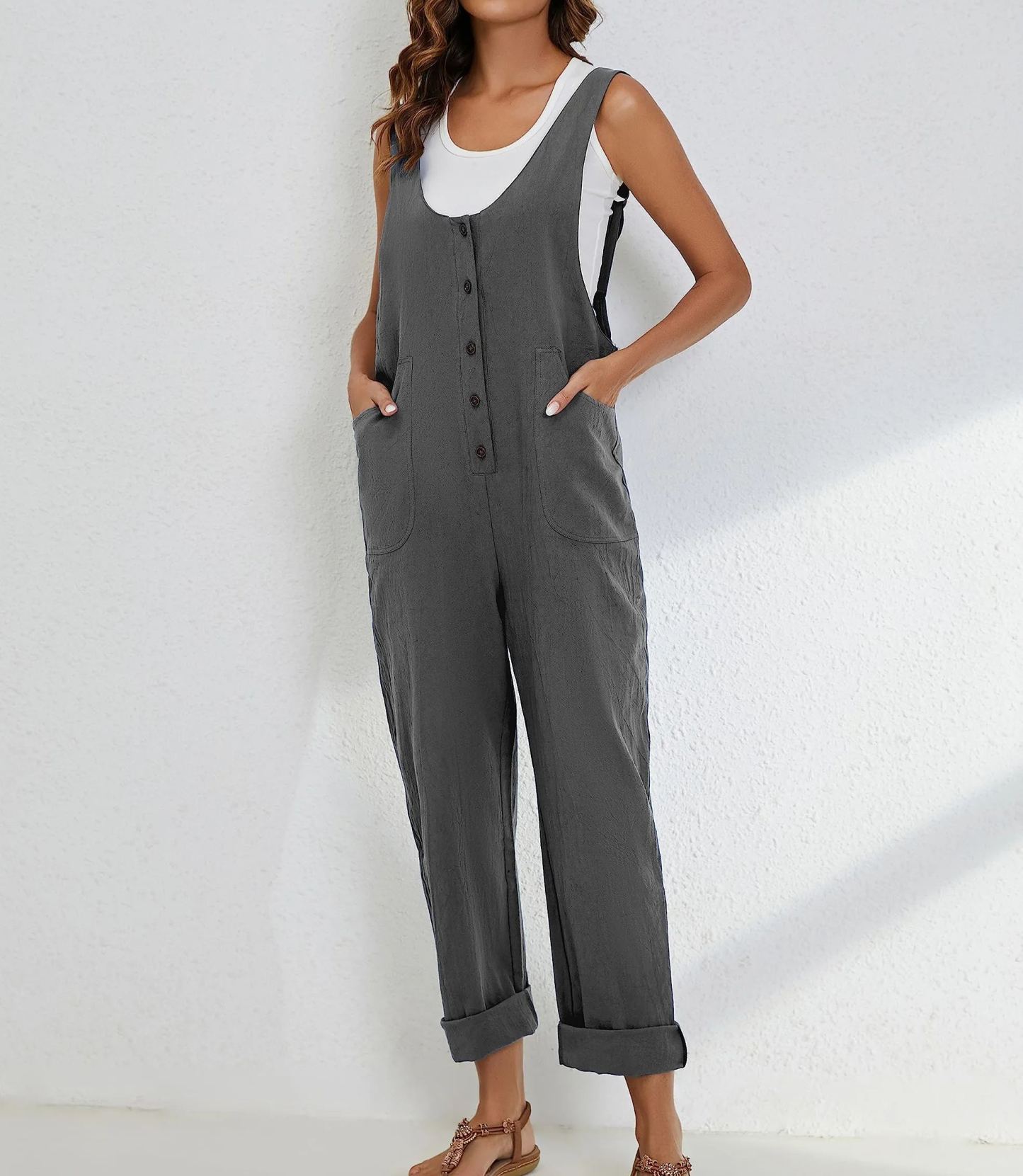 🔥HOT SALE🔥Women Cotton Linen Overall Adjustable Straps Button Jumpsuit-hivebabe.com