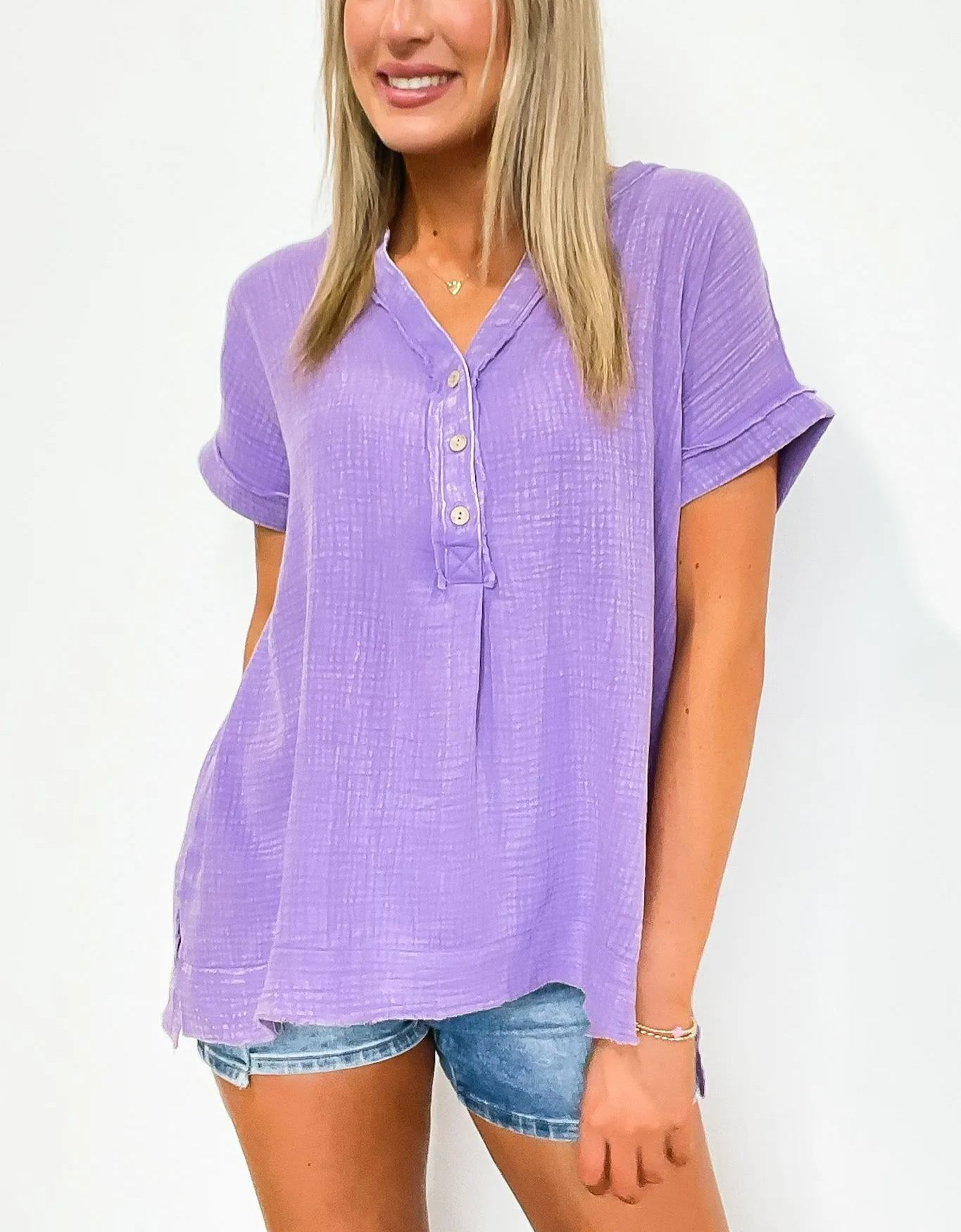 2025 New Women's Washed Double Gauze 3/4 Button Henley Top(BUY 2 FREE SHIPPING)
