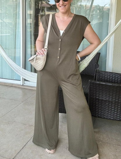 Women's Deep V Neck Button Onesie Wide Leg Jumpsuit (Buy 2 Free Shipping)