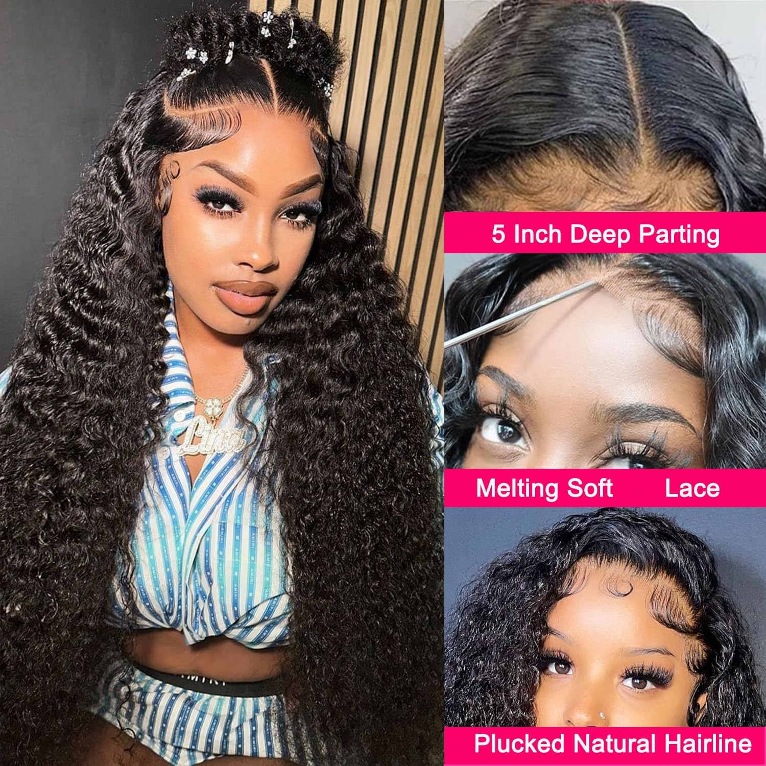 5x5 Deep Wave Remy Human Hair Lace Closure Wig for Women Natural Black Color WIGLTD