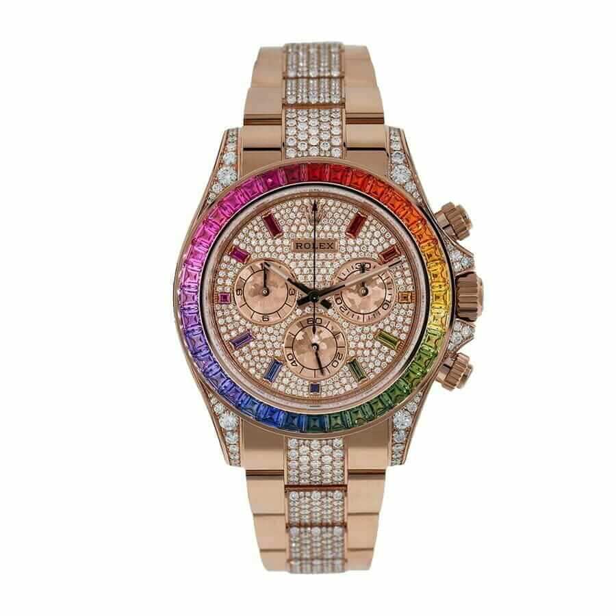 rotktlex cosmograph daytona rainbow colored baguette bezel rose gold oyster 116505 replica 1
