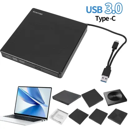 USB 3.0 Slim CD ROM Reader Rewriter Portable DVD&CD-ROM Burner Player Type-C for Laptop Desktop PC Windows Linux Mac OS Apple
