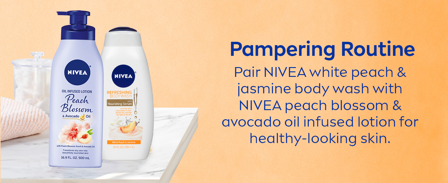 Pair with NIVEA peach lossom & avocado oil infused lotion for healythy-looking skin