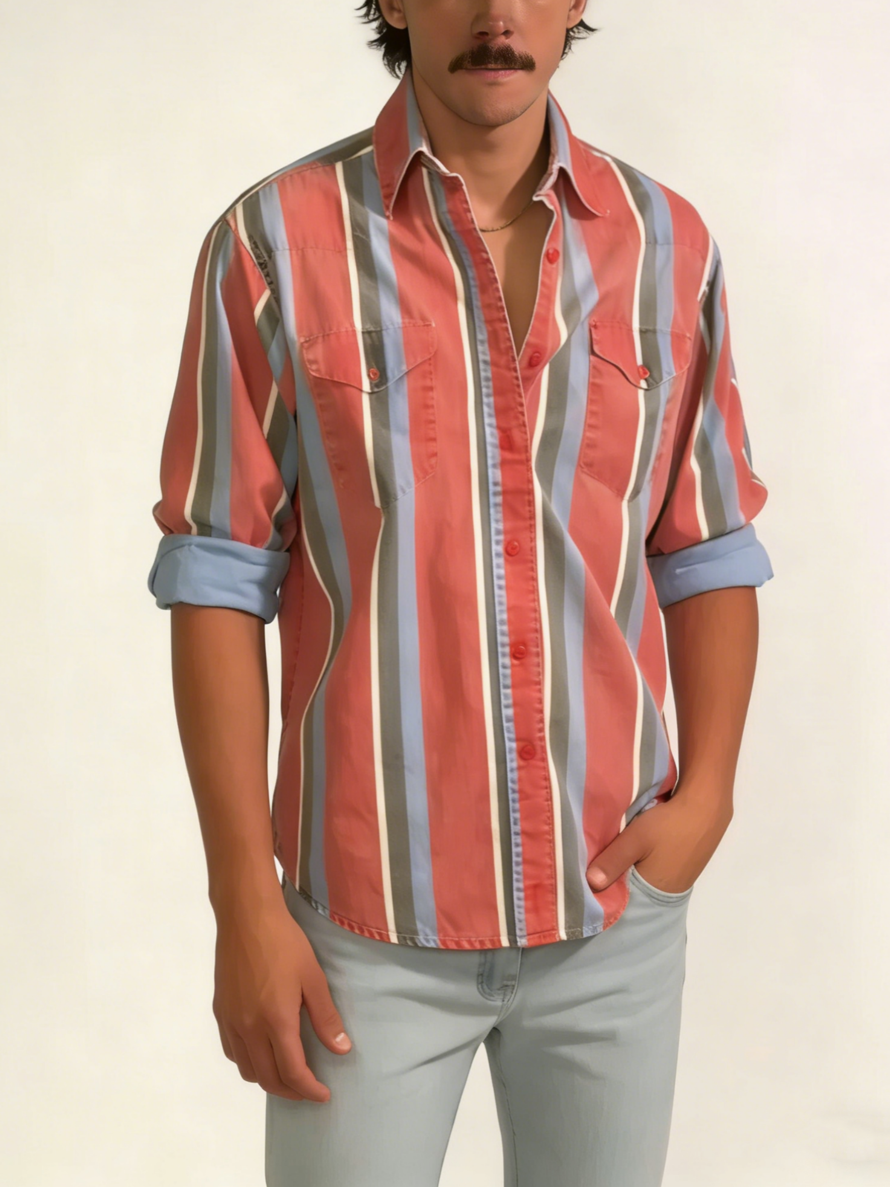 Men's Casual Retro Red and Blue Striped Long Sleeve Shirt