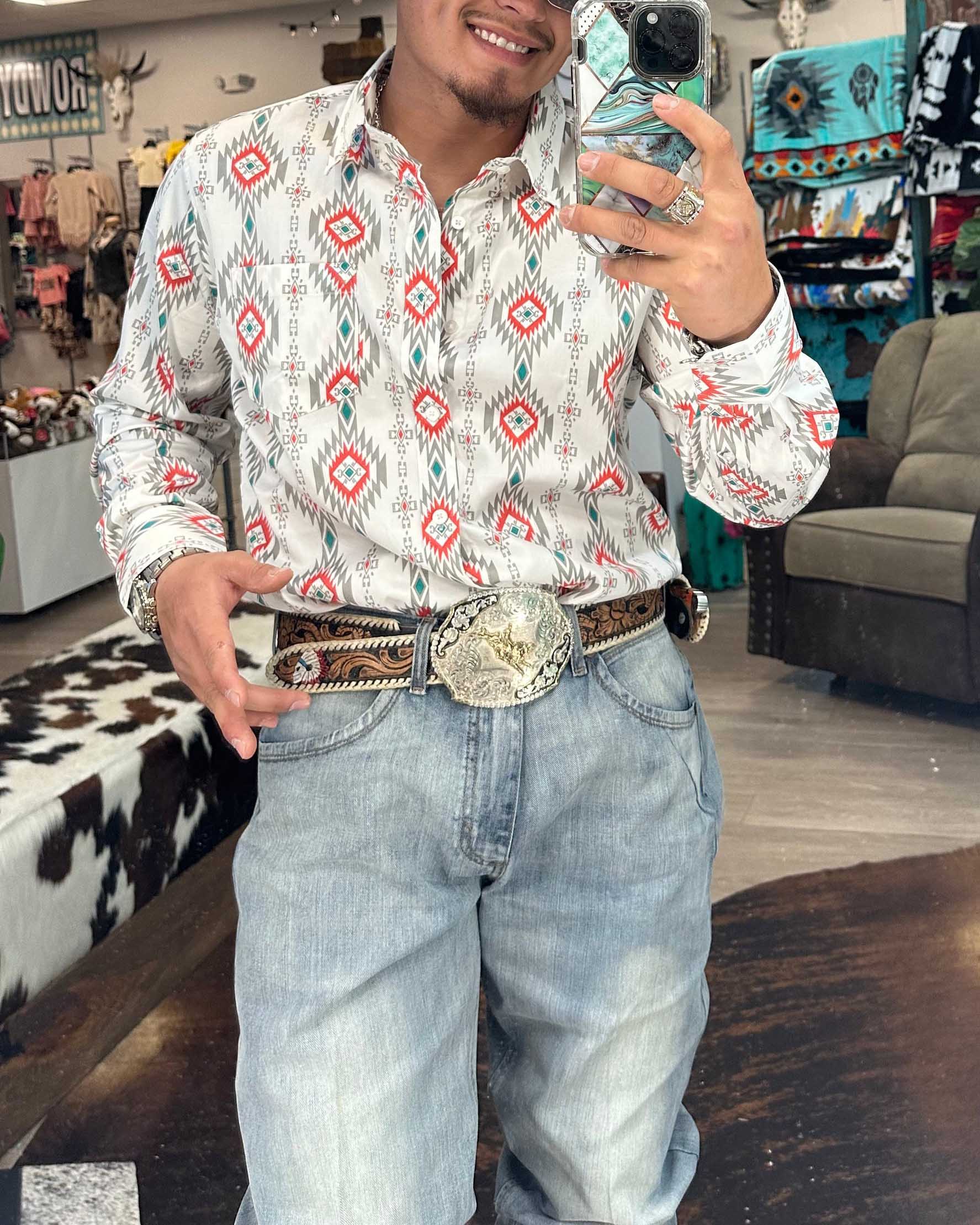 Men's Casual Retro Western Cowboy Stripe Long Sleeve Shirt