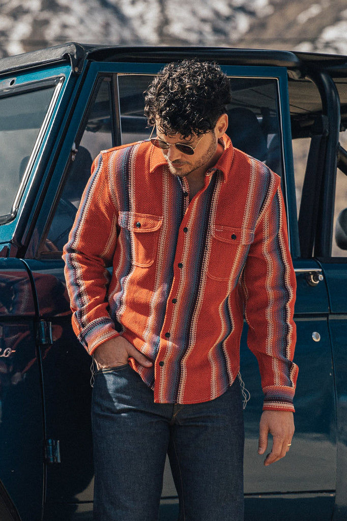 Men's Fashion Western Red Blue Striped Long Sleeve Shirt