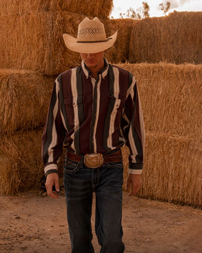 Men's Striped Print Retro Western Fashion Casual Lapel Long Sleeve Shirt