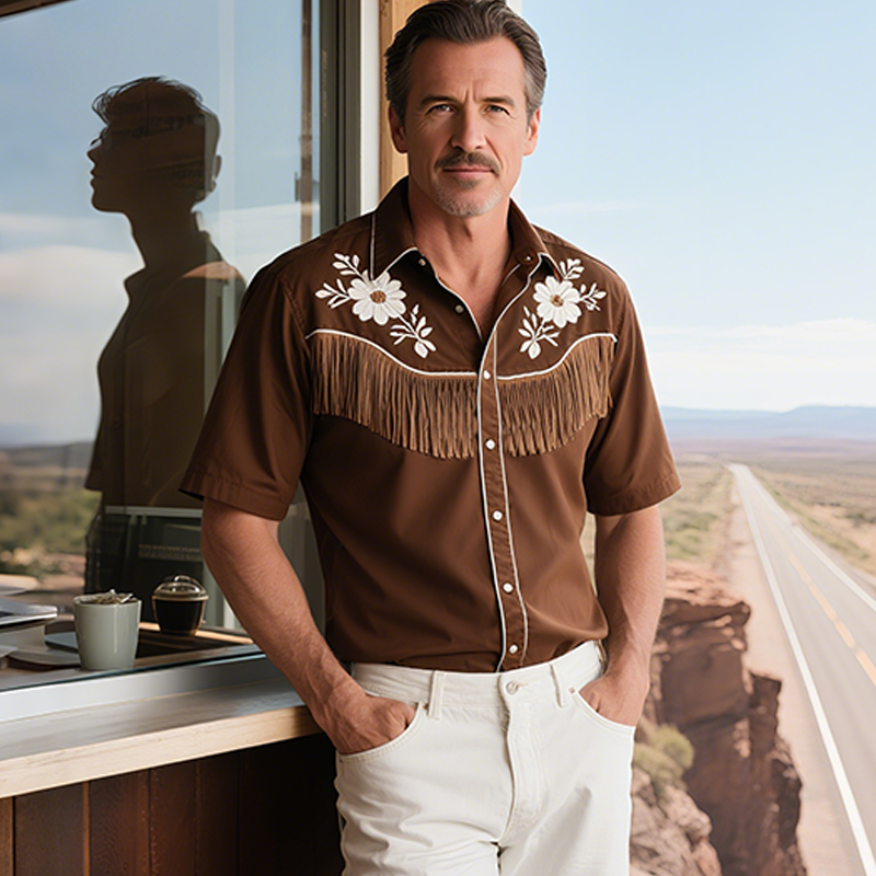 Men's Summer New Casual American Western Style Cotton Blend Embroidered Tassel Slim Short-sleeved Shirt MTA1786F6K
