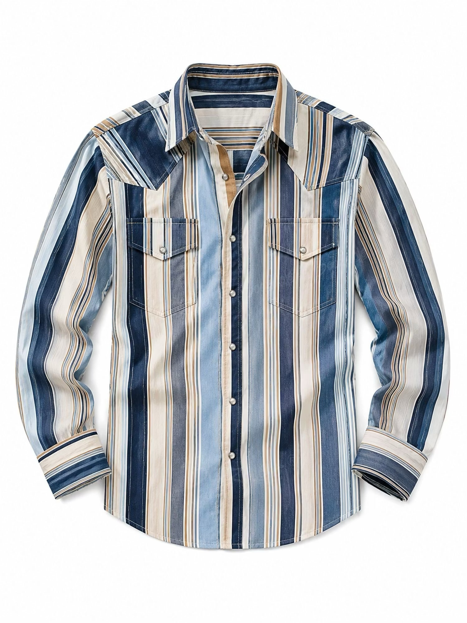 Indigo Blue & Tan Multi-Color Vertical Stripe Button-Down Long-Sleeve Shirt