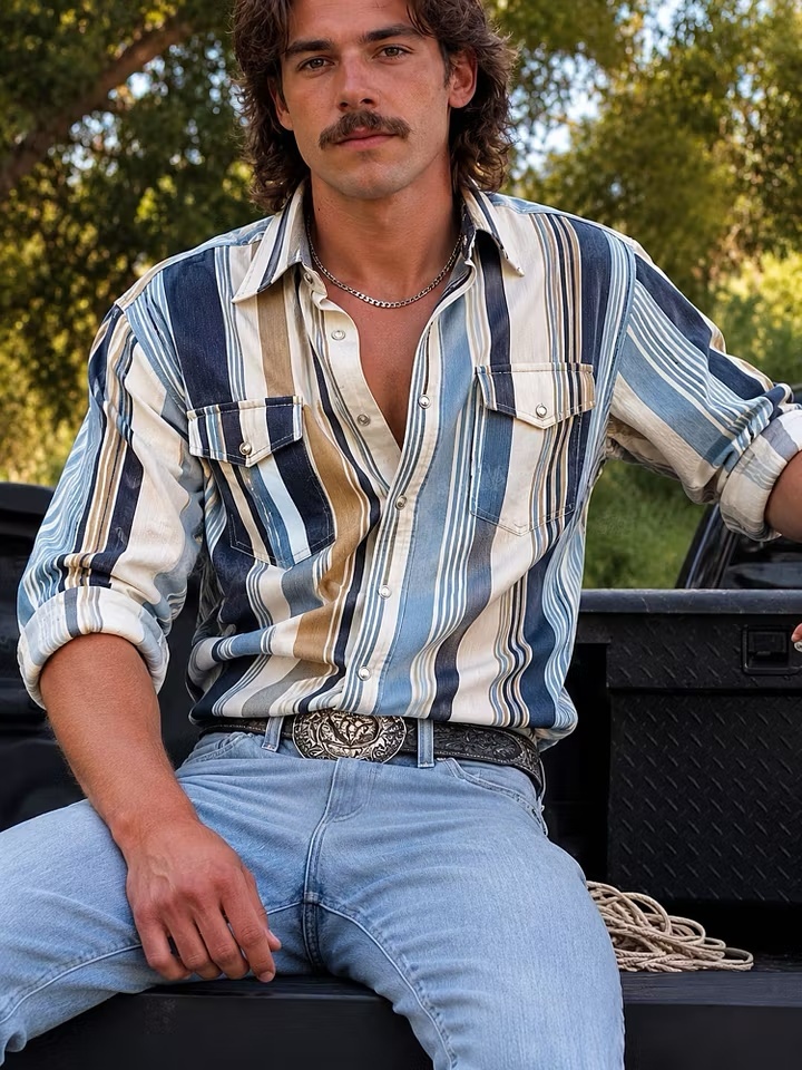 Indigo Blue & Tan Multi-Color Vertical Stripe Button-Down Long-Sleeve Shirt